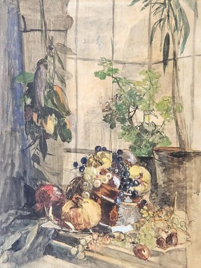Original Aquarell, Marie Egner (1850-1940) - "Fenster mit Trauben und Kürbissen"