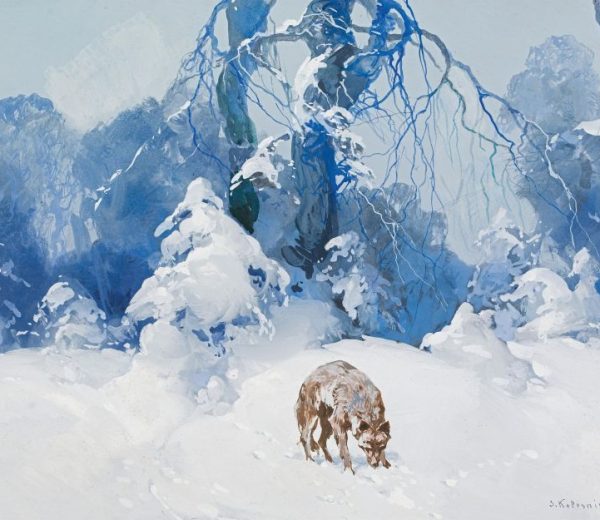 Bild für den Verkauf eines antiken Gemäldes. Gouache Winterlandschaft mit Wolf.