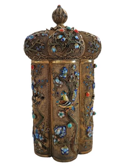 Antike vergoldete Filigran Silber Teedose / Deckeldose mit Emaildekor China Anfang 20. Jhdt.