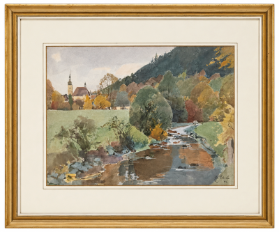 Aquarell, Eduard ZETSCHE (1844-1927), Sattelbach in Heiligenkreuz / Stiftskirche