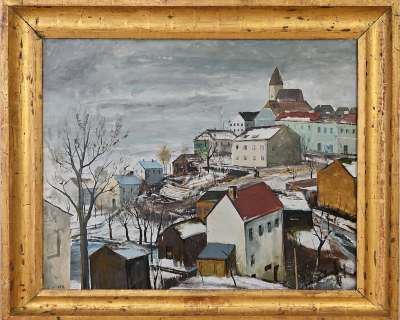 Großes Ölgemälde, Ernst Huber (1895 - 1960), Winterliches Dorf im Waldviertel